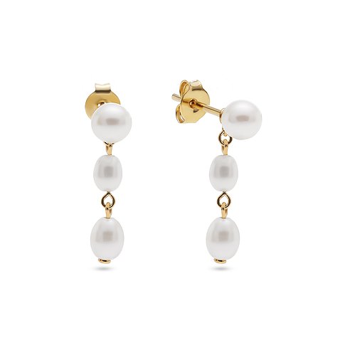 CHRIST 585 örhängen i gult guld med hängande, avlånga vita pärlor och en rund pärla.