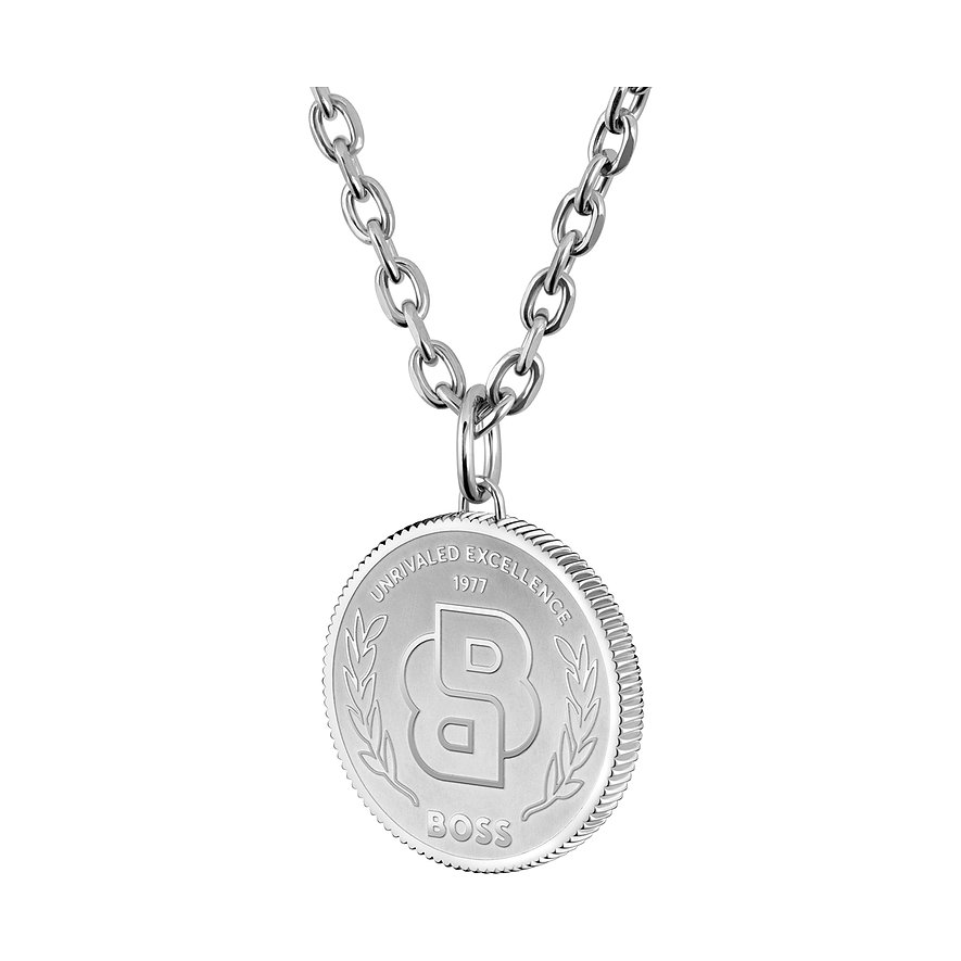 Boss Halsschmuck aus Edelstahl mit rundem Anh Hnger und Boss B-Logo in der Mitte.