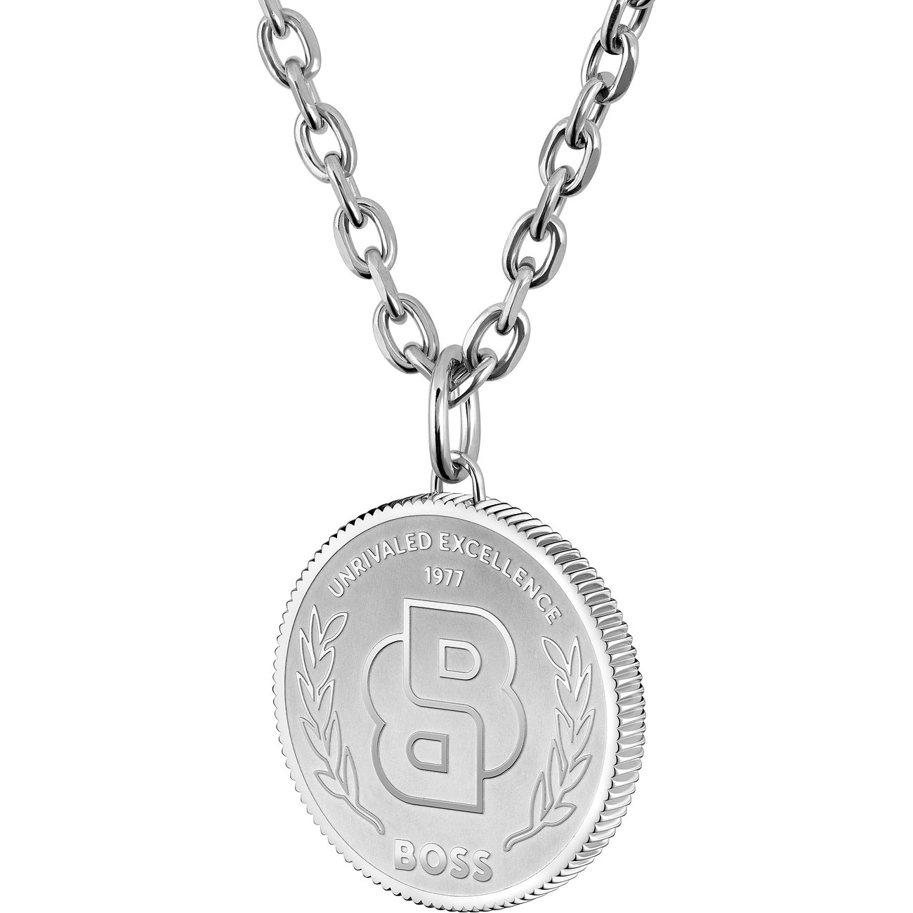 Boss Halsschmuck aus Edelstahl mit rundem Anh Hnger und Boss B-Logo in der Mitte.