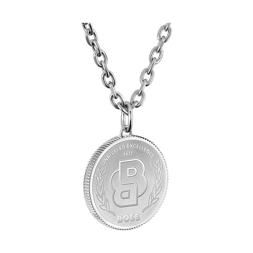 Boss Halskette aus Edelstahl mit rundem Anhänger im Münzdesign und Initialen