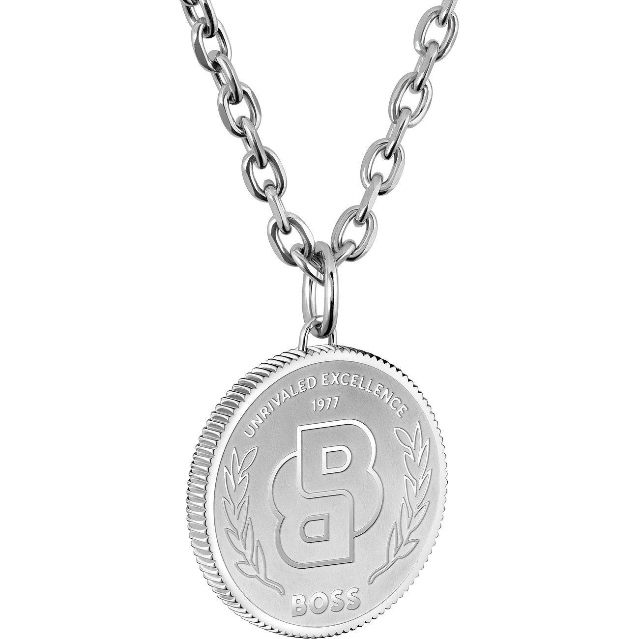 Boss Halskette aus Edelstahl mit rundem Anhänger im Münzdesign und Initialen
