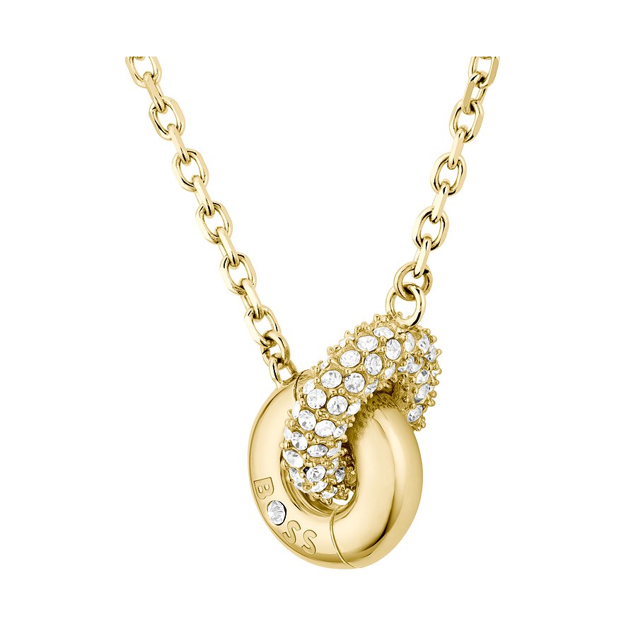 Boss Halskette aus goldfarbenem Edelstahl. Das Accessoire zeigt ein ineinandergreifendes Element mit klaren Schmucksteinen.