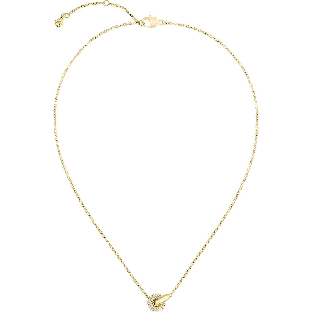 Boss Halsschmuck aus goldfarbenem Edelstahl mit kleinem, glitzerndem, ineinandergreifendem Anhänger.