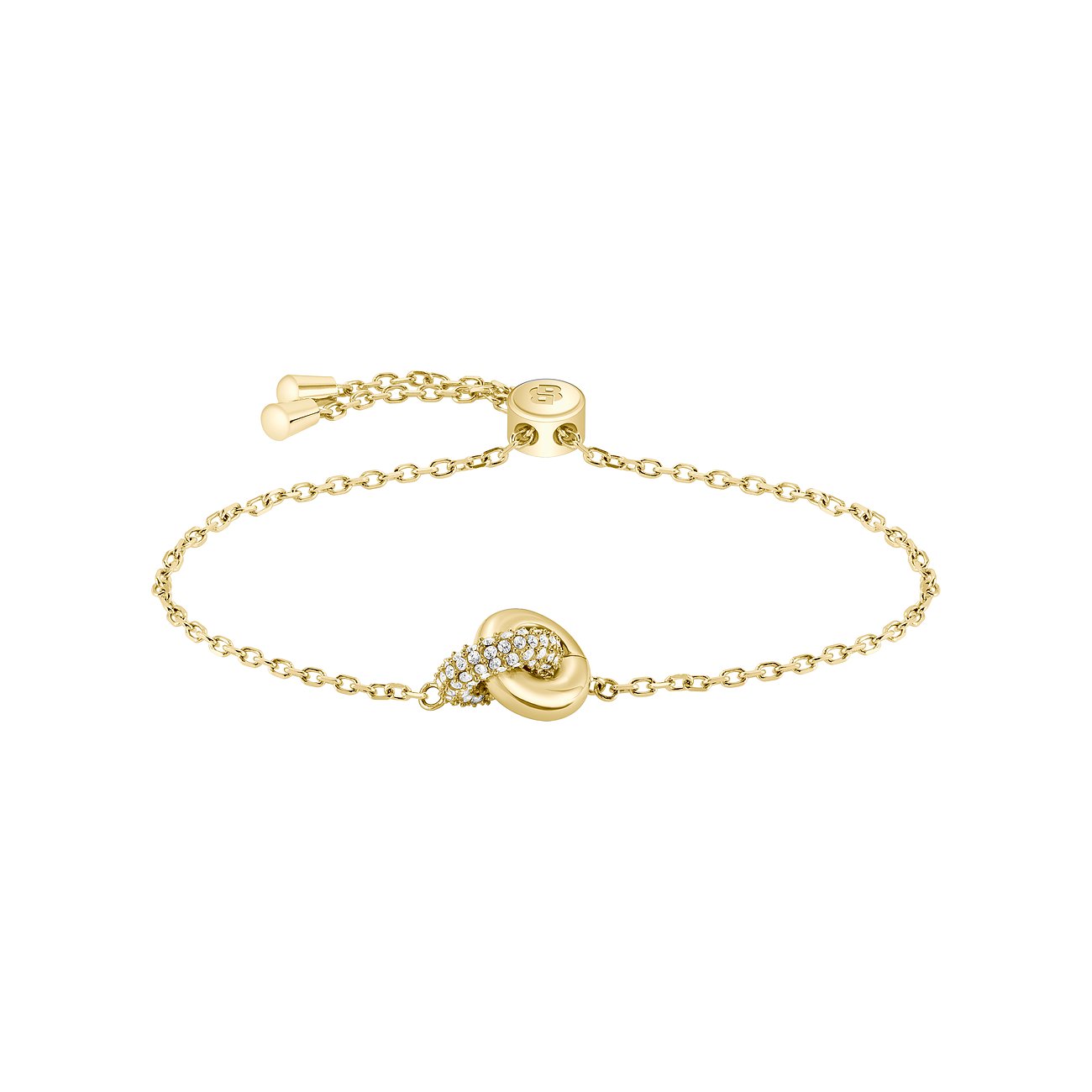 Boss Armband aus goldfarbenem Edelstahl mit Kettengliedern und einem Schmuckstein-besetzten Knoten als Mittelpunkt.