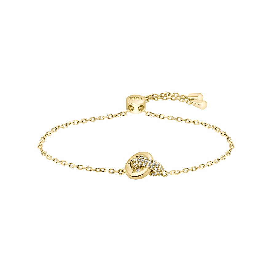Boss Armband aus goldfarbenem Edelstahl mit Kordelzugverschluss und einem zentralen, mit Strasssteinen besetzten Knotenmotiv.