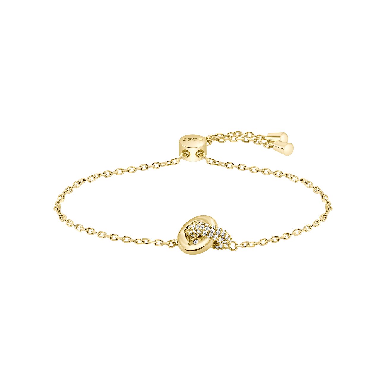 Boss Armband aus goldfarbenem Edelstahl mit Kordelzugverschluss und einem zentralen, mit Strasssteinen besetzten Knotenmotiv.