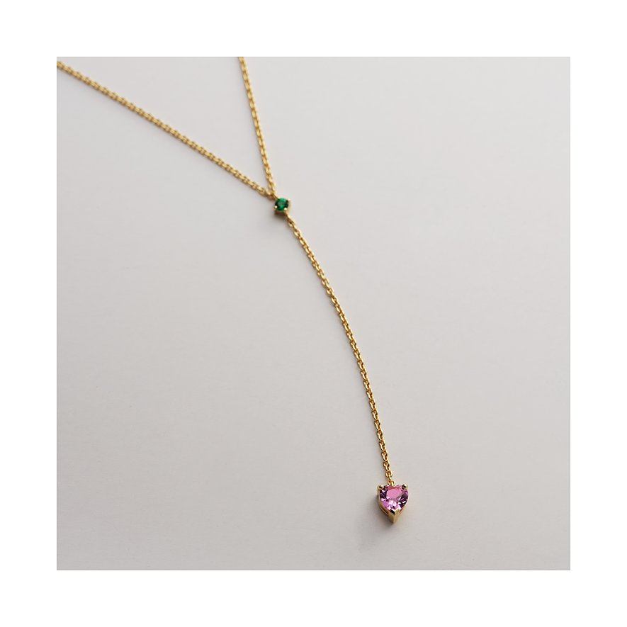 Guido Maria Kretschmer Y-Kette aus recyceltem Silber mit einem grünen und einem pinkfarbenen Zirkonia-Farbstein.
