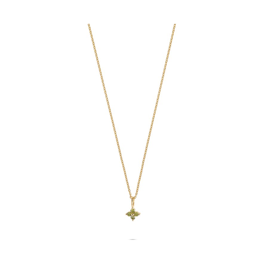 Guido Maria Kretschmer ketting: gerecycled zilver, vergulde ketting, lichtgroene zirkonia klaverhanger.