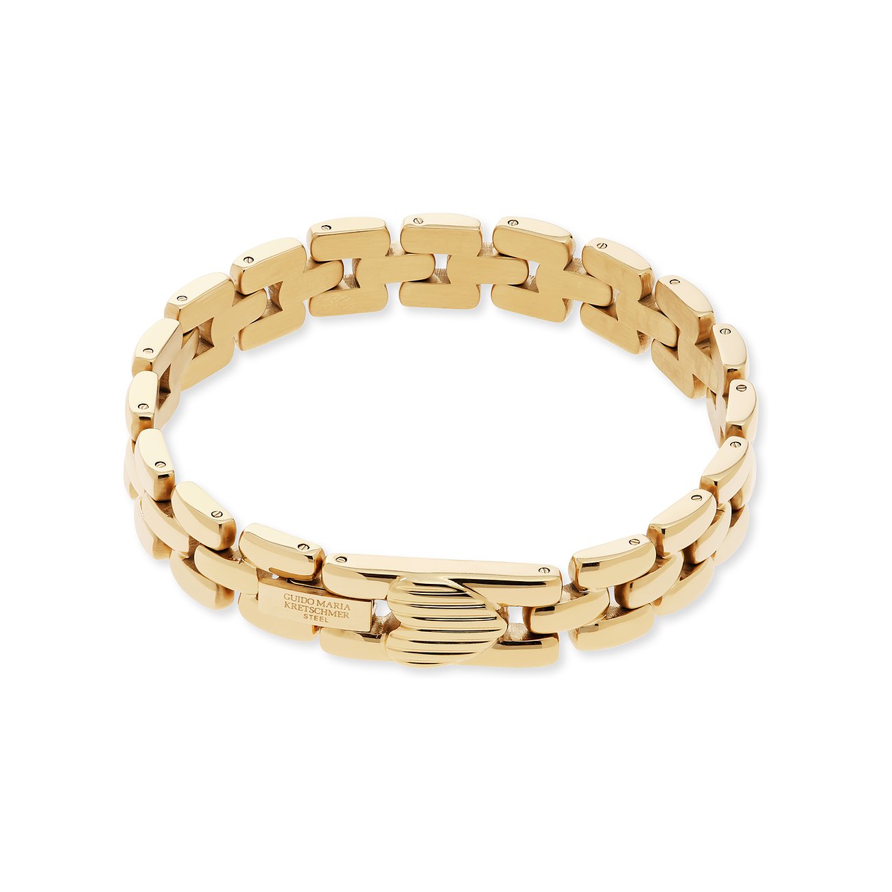 Bracciale Guido Maria Kretschmer: in acciaio inox dorato con maglie larghe e incisione logo sulla chiusura.