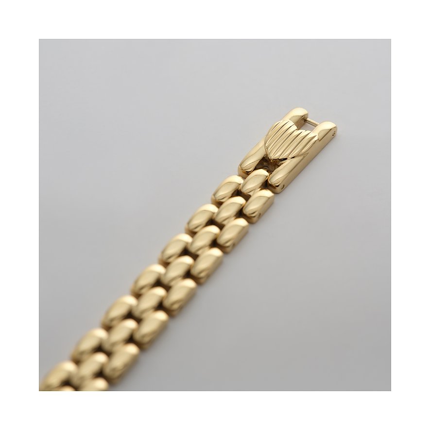 Primo piano di un bracciale dorato Guido Maria Kretschmer in acciaio inossidabile con maglie e chiusura lucida.