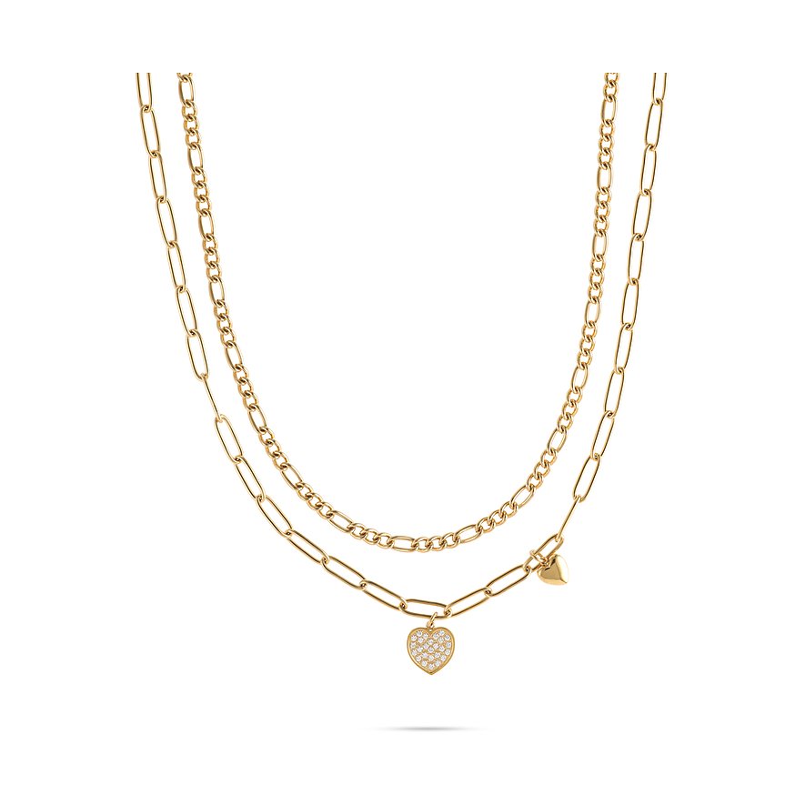 Guido Maria Kretschmer Halsschmuck: zweifache goldene Edelstahlkette. Untere Kette mit Herzanhänger und Zirkonia-Farbsteinen.