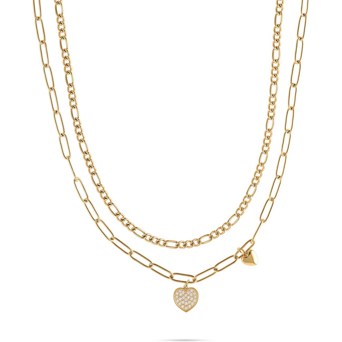 Guido Maria Kretschmer Halsschmuck: zweifache goldene Edelstahlkette. Untere Kette mit Herzanhänger und Zirkonia-Farbsteinen.
