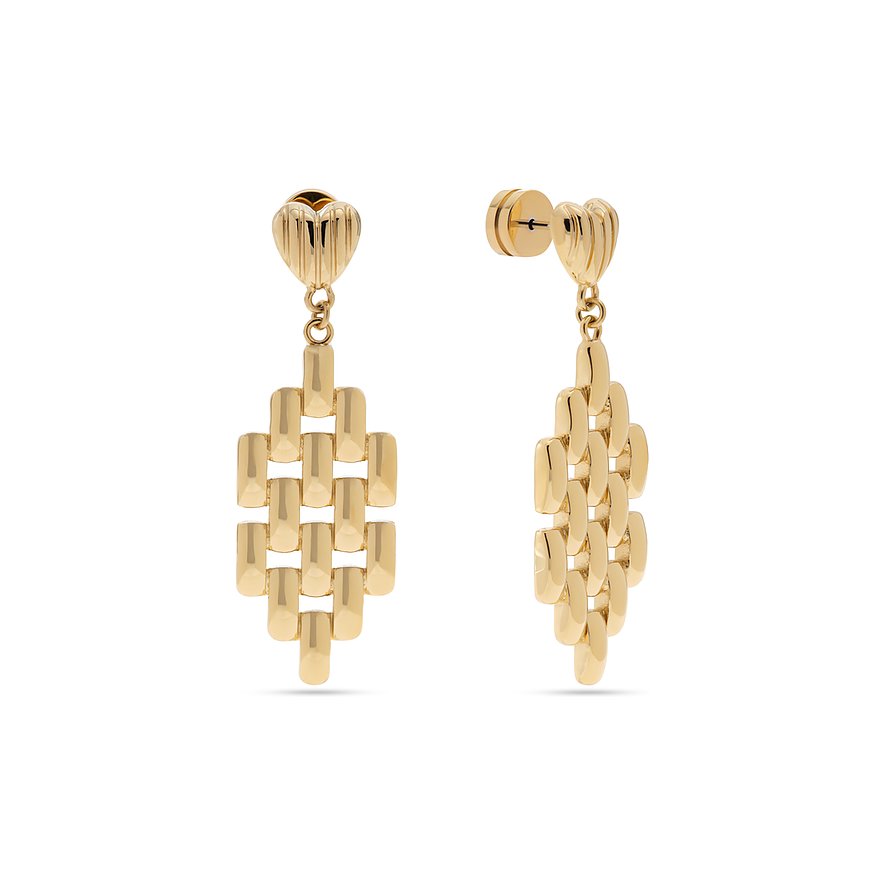 Ein Paar Guido Maria Kretschmer Ohrringe aus gelbgoldenem Edelstahl, die jeweils ein dekoratives Herz zeigen.