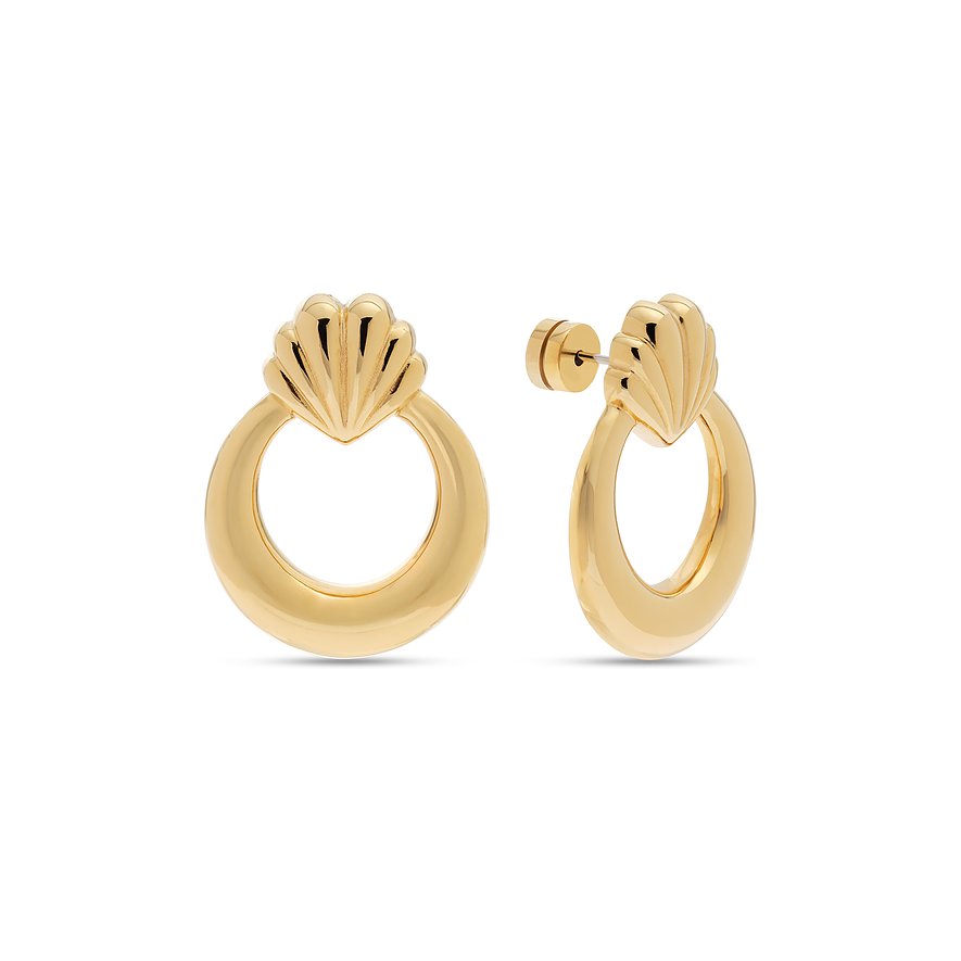 Boucles d'oreilles Guido Maria Kretschmer en acier inoxydable doré-jaune, puces coquillage avec anneau pendant.