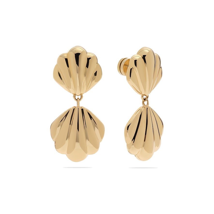 Boucles d'oreilles Guido Maria Kretschmer : acier inoxydable brillant jaune, forme coquille, de face et de côté.