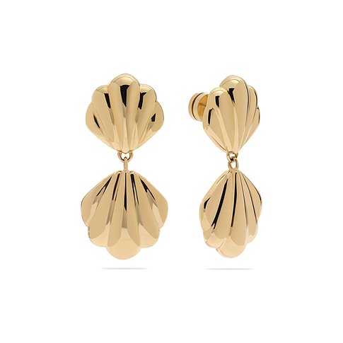 Boucles d'oreilles Guido Maria Kretschmer : acier inoxydable brillant jaune, forme coquille, de face et de côté.