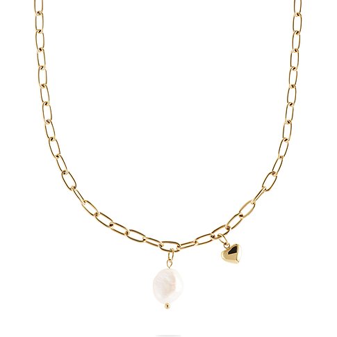 Guido Maria Kretschmer Halskette aus goldfarbenem Edelstahl mit einer Süßwasserperle und einem Herzanhänger.