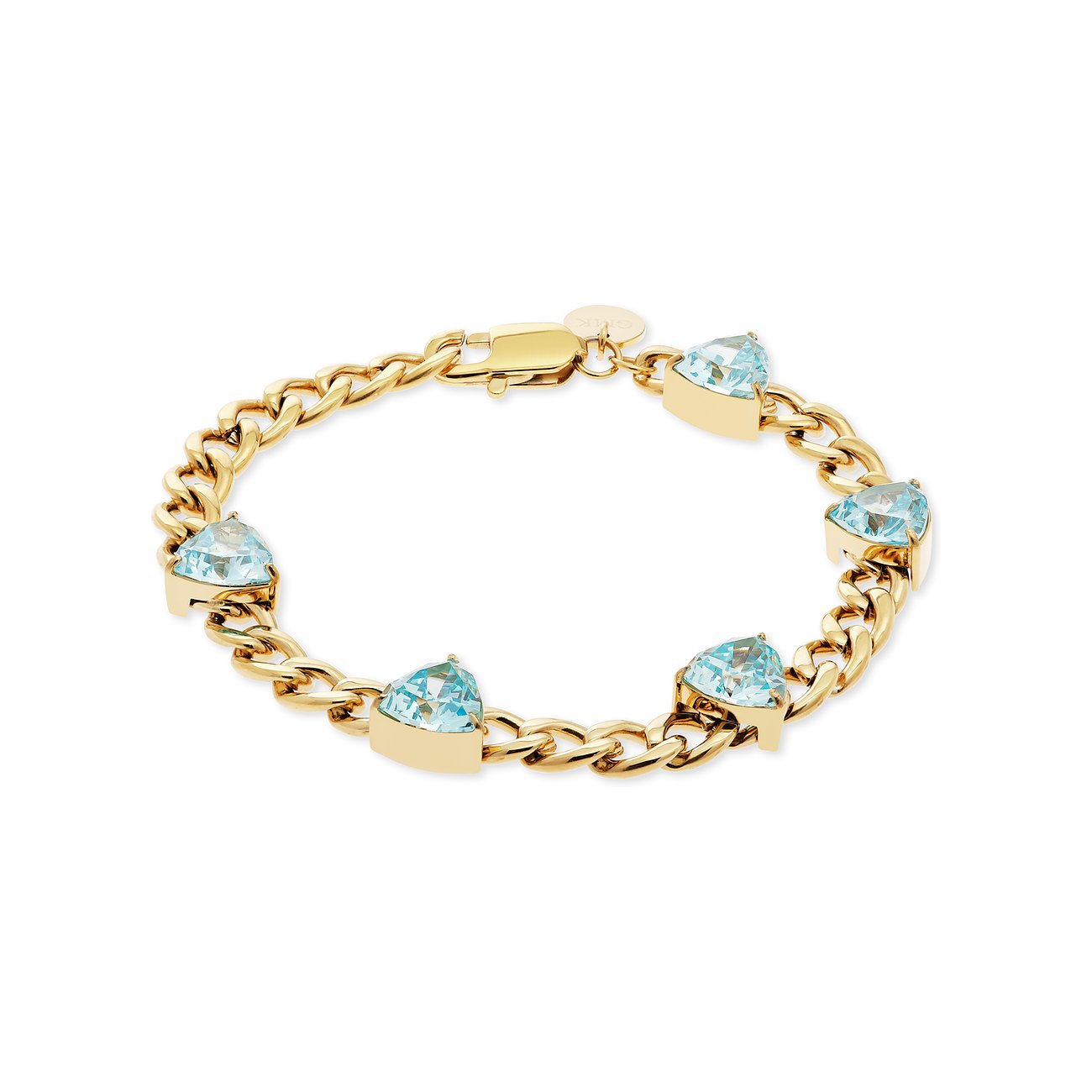 Guido Maria Kretschmer Armband aus goldfarbenem Edelstahl mit hellblauen Zirkonia Farbsteinen in Herzform