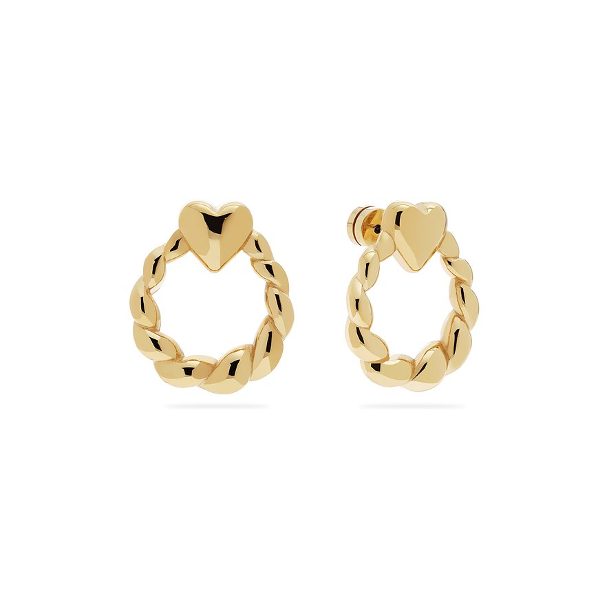 Ein Paar goldfarbene Guido Maria Kretschmer Herz-Ohrstecker aus poliertem Edelstahl mit Kordelrand.