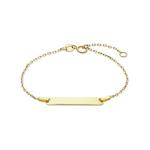 FAVS 375 Gelbgold Armschmuck. Eine goldene Kette mit einem glänzenden länglichen Panzer-Element in der Mitte.