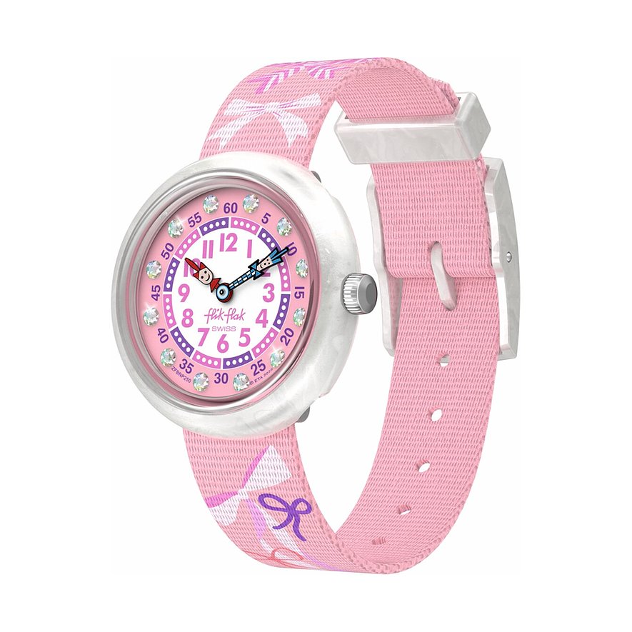 Rosa Flik Flak Kinderuhr aus Kunststoff mit Glitzersteinchen und pinkem Stoffarmband mit Schleifen.