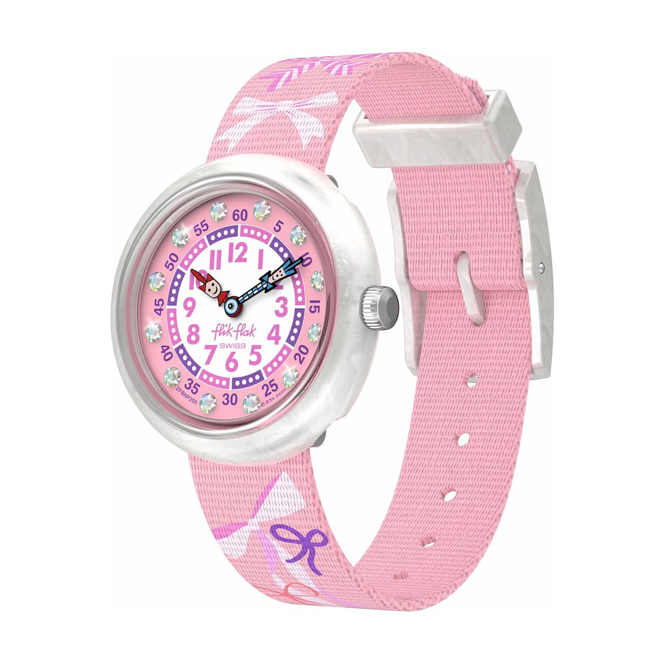 Rosa Flik Flak Kinderuhr aus Kunststoff mit Glitzersteinchen und pinkem Stoffarmband mit Schleifen.