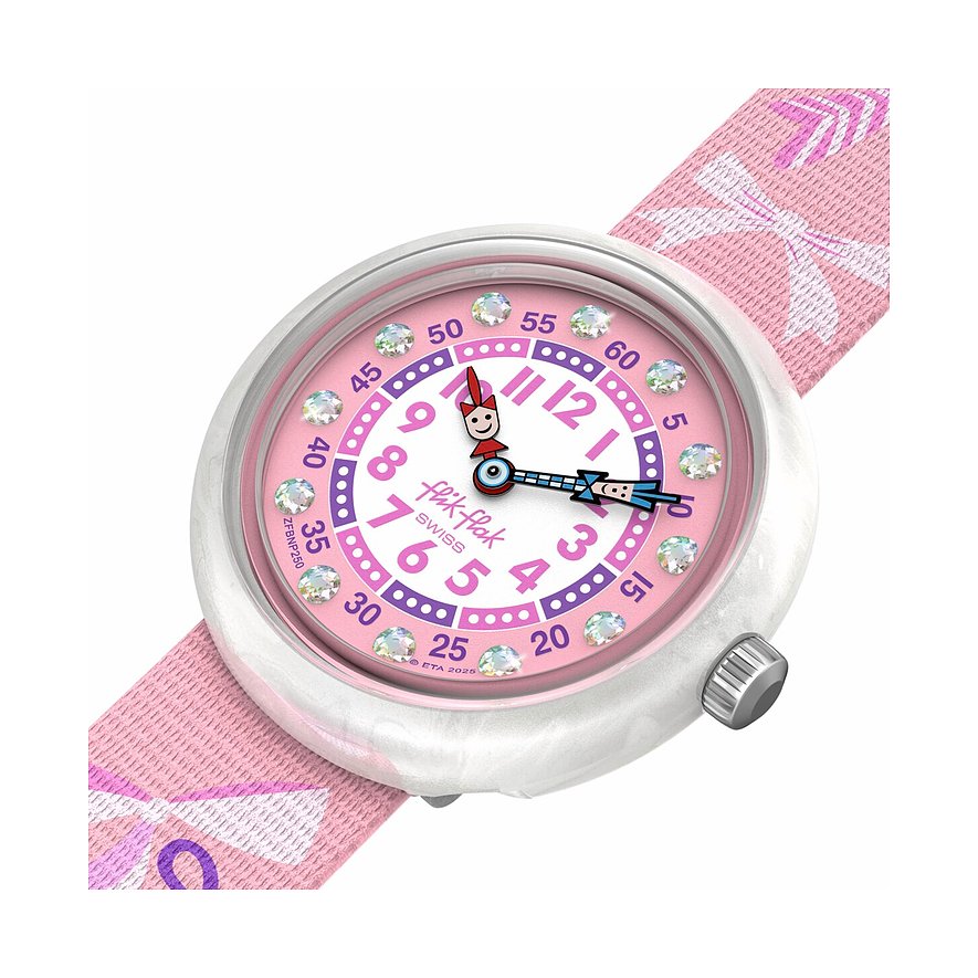 Nahaufnahme einer runden Flik Flak Kinderuhr aus Kunststoff mit rosa Zifferblatt und glitzernden Schmucksteinen.