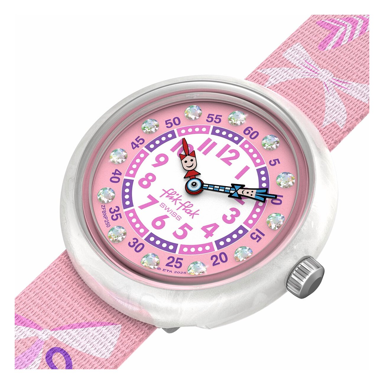 Nahaufnahme einer runden Flik Flak Kinderuhr aus Kunststoff mit rosa Zifferblatt und glitzernden Schmucksteinen.