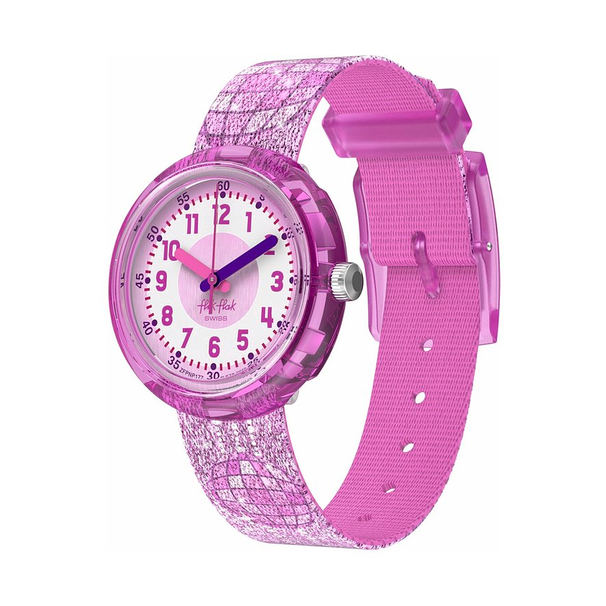 Eine rosa Flik Flak Kinder- oder Jugenduhr aus Kunststoff mit weißem Zifferblatt und bunten Zahlen.