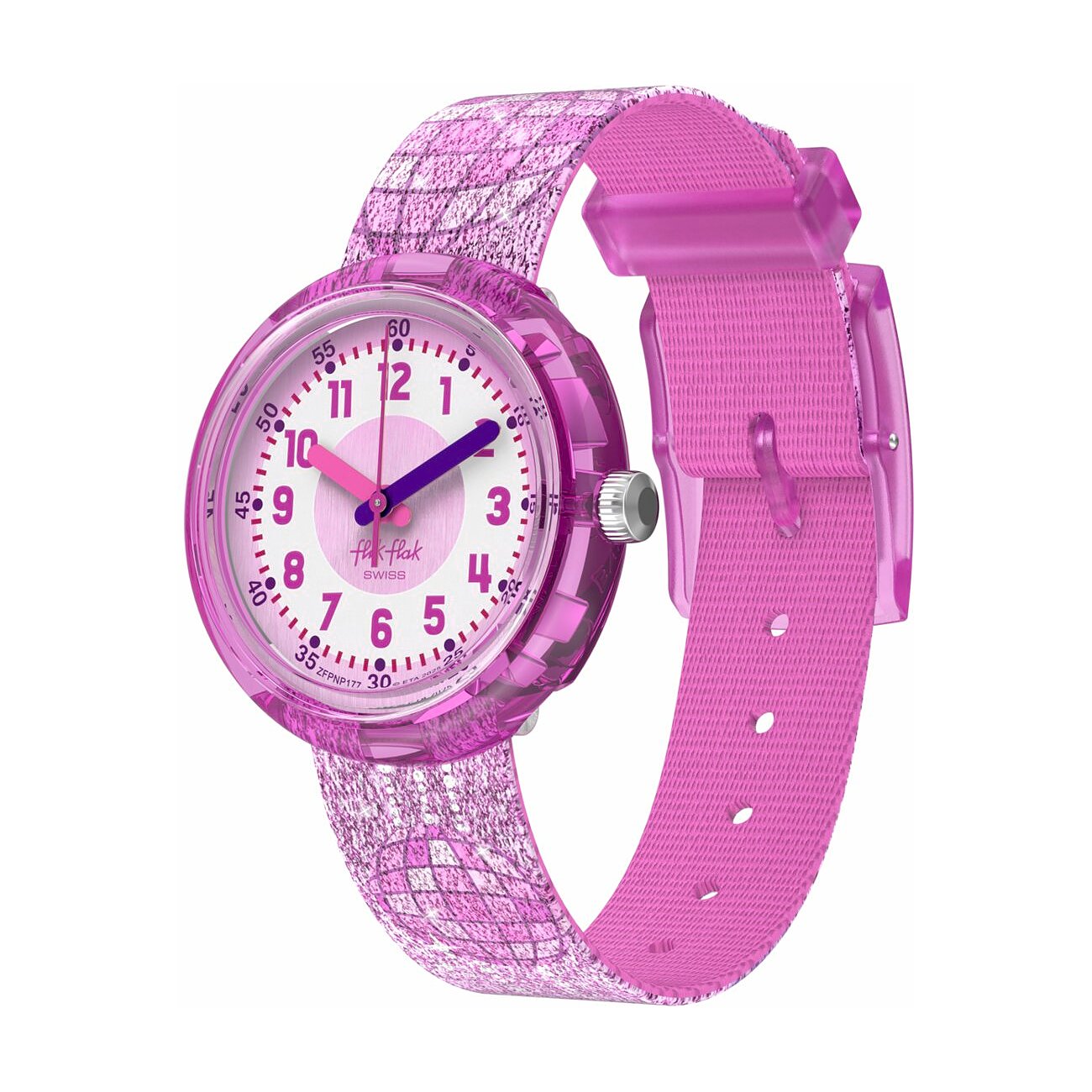 Eine rosa Flik Flak Kinder- oder Jugenduhr aus Kunststoff mit weißem Zifferblatt und bunten Zahlen.