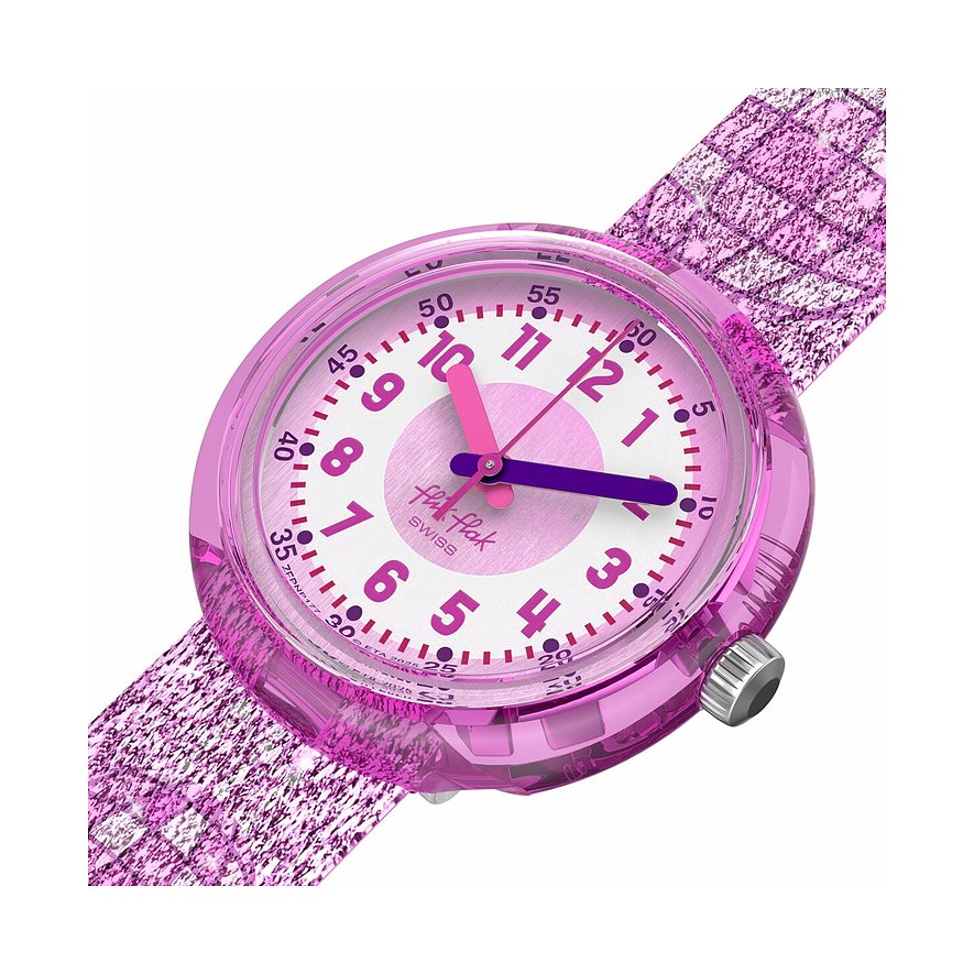 Flik Flak Kinder-/Jugenduhr aus Kunststoff, die ein rundes, violettes Gehäuse und passende Zeiger hat.