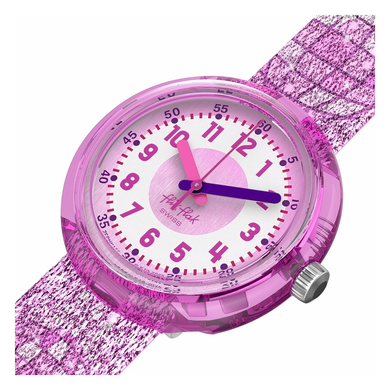 Flik Flak Kinder-/Jugenduhr aus Kunststoff, die ein rundes, violettes Gehäuse und passende Zeiger hat.