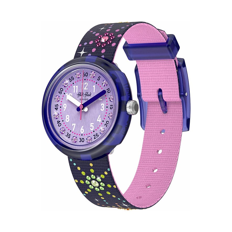 Eine lila Flik Flak Kinder-/Jugenduhr aus Kunststoff mit glitzernden Details und einem rosa Band.