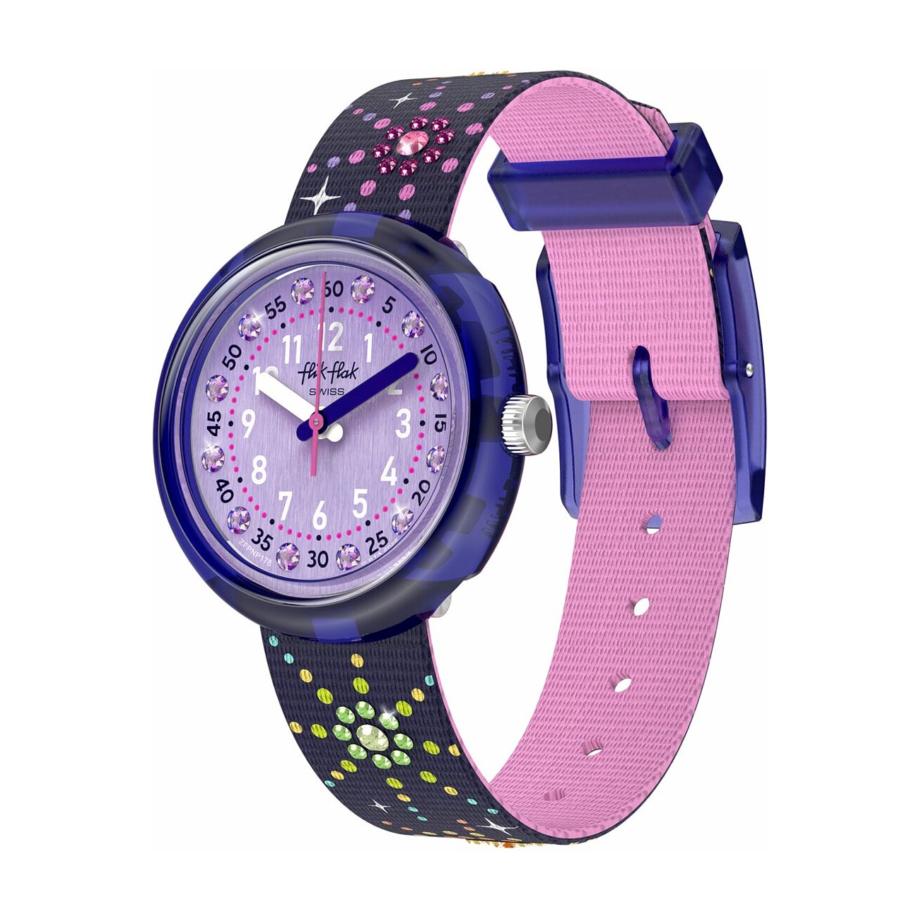 Eine lila Flik Flak Kinder-/Jugenduhr aus Kunststoff mit glitzernden Details und einem rosa Band.