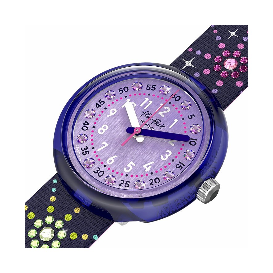 Flik Flak Kinder-/Jugenduhr aus Kunststoff mit lila Zifferblatt und lila Schmucksteinen als Stundenmarkierungen.