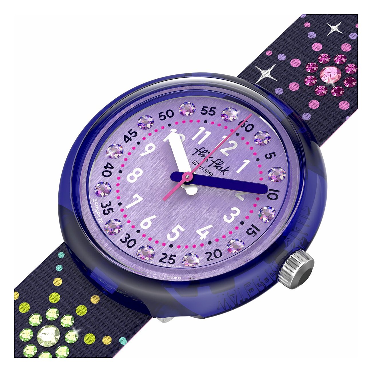 Flik Flak Kinder-/Jugenduhr aus Kunststoff mit lila Zifferblatt und lila Schmucksteinen als Stundenmarkierungen.