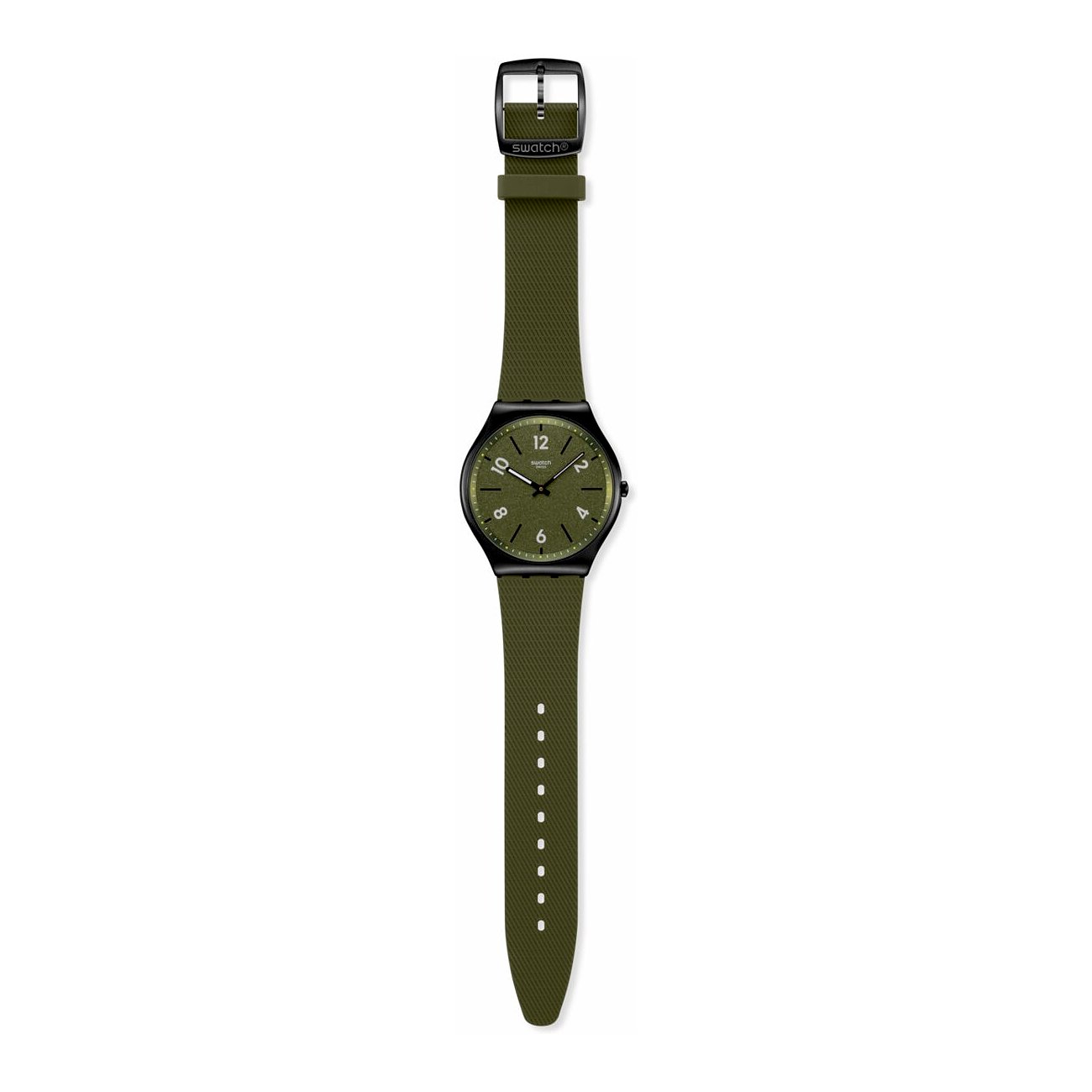 Orologio unisex Swatch con cassa in acciaio inossidabile nero e cinturino in tessuto verde su superficie bianca.