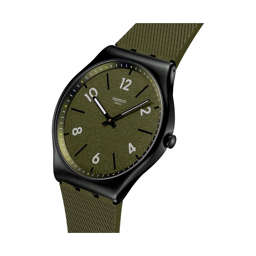 Orologio unisex Swatch con cassa in acciaio inossidabile nero, quadrante verde oliva e cinturino strutturato verde oliva.