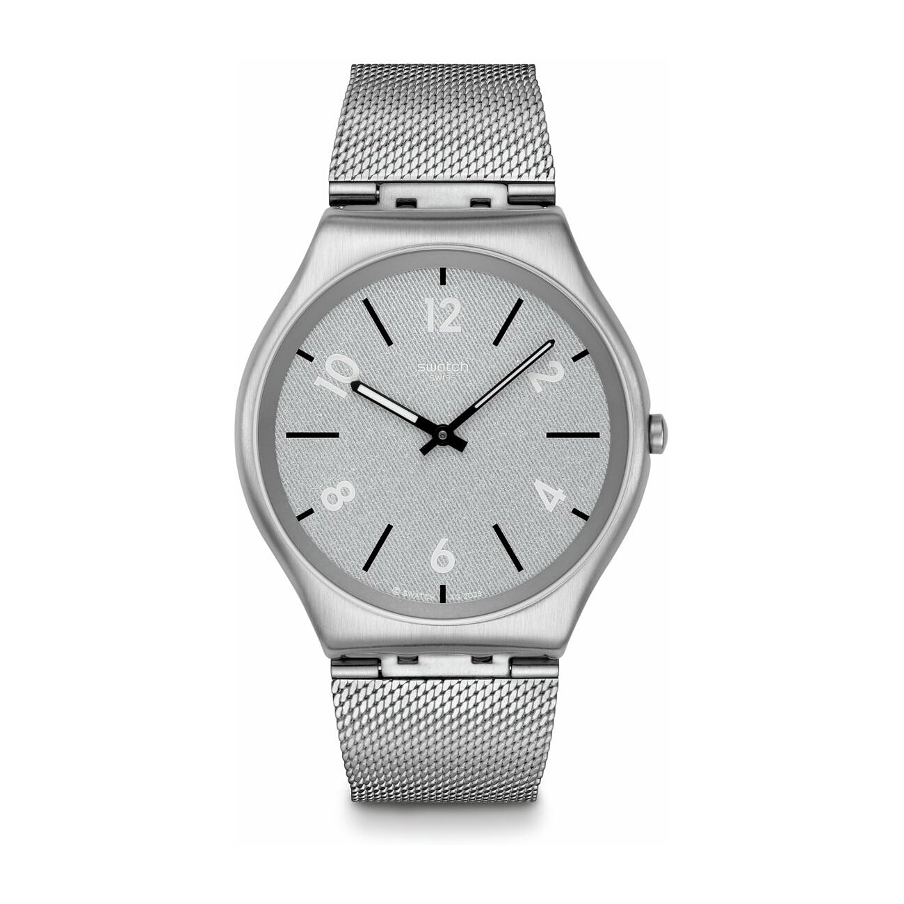 Swatch Unisexuhr aus Edelstahl mit silbernem Zifferblatt und silberfarbenem Milanaise-Armband