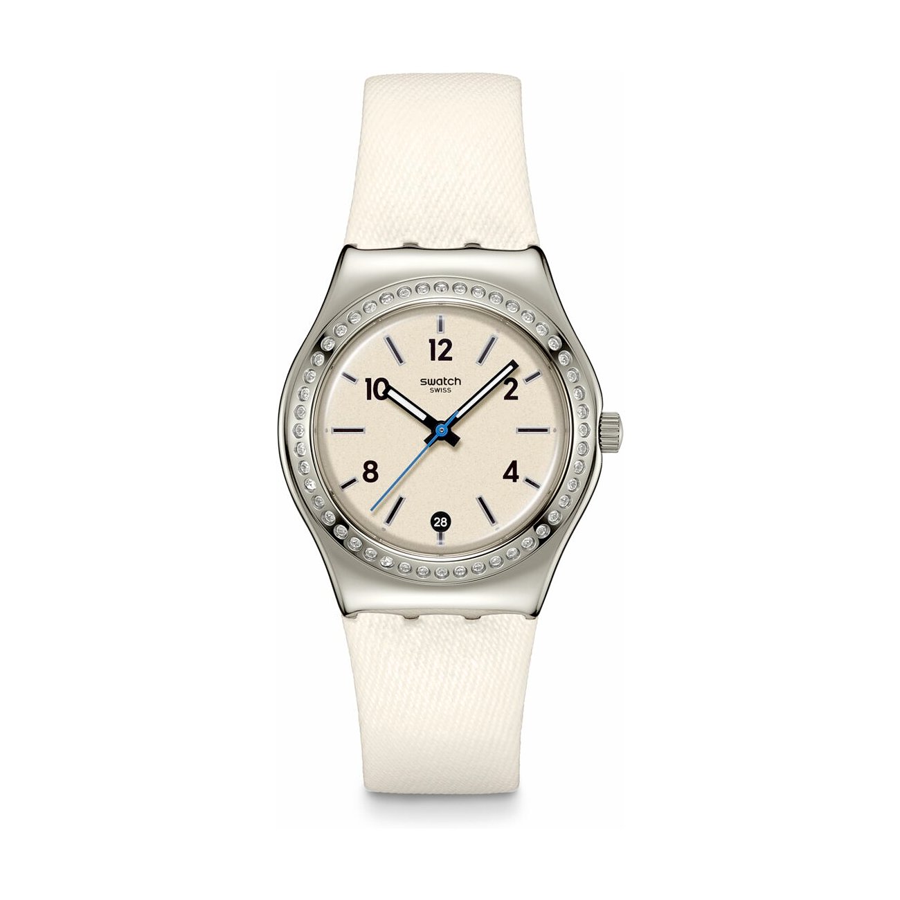 Die Swatch Damenuhr aus Edelstahl hat ein elfenbeinfarbenes Zifferblatt mit blauen Zeigern und ein weißes Textilarmband.