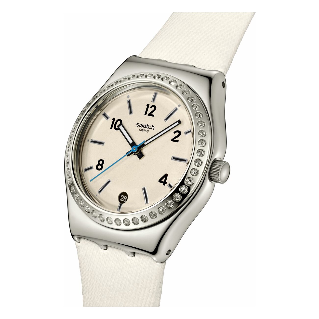 Swatch Damenuhr aus Edelstahl mit weißem Zifferblatt, blauem Sekundenzeiger und klaren Schmucksteinen an der Lünette.