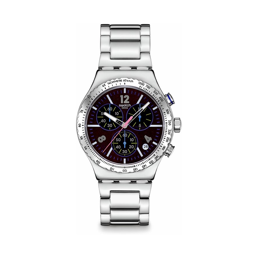 Swatch Herrenuhr aus glänzendem Edelstahl mit dunklem Zifferblatt, leuchtenden Akzenten und chronografischen Anzeigen.