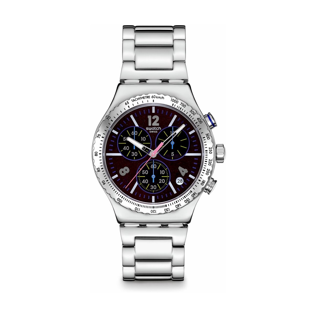 Swatch Herrenuhr aus glänzendem Edelstahl mit dunklem Zifferblatt, leuchtenden Akzenten und chronografischen Anzeigen.