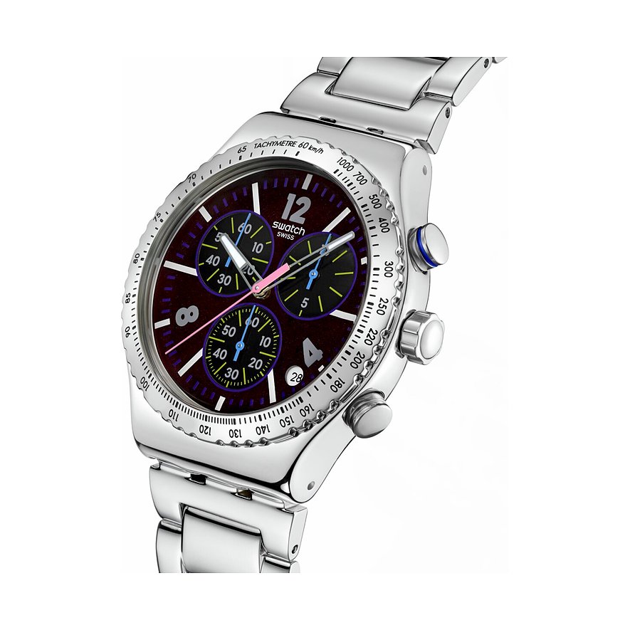 Swatch Herrenuhr aus Edelstahl mit dunklem Zifferblatt, rosa Zeigern und Chronographenfunktionen.