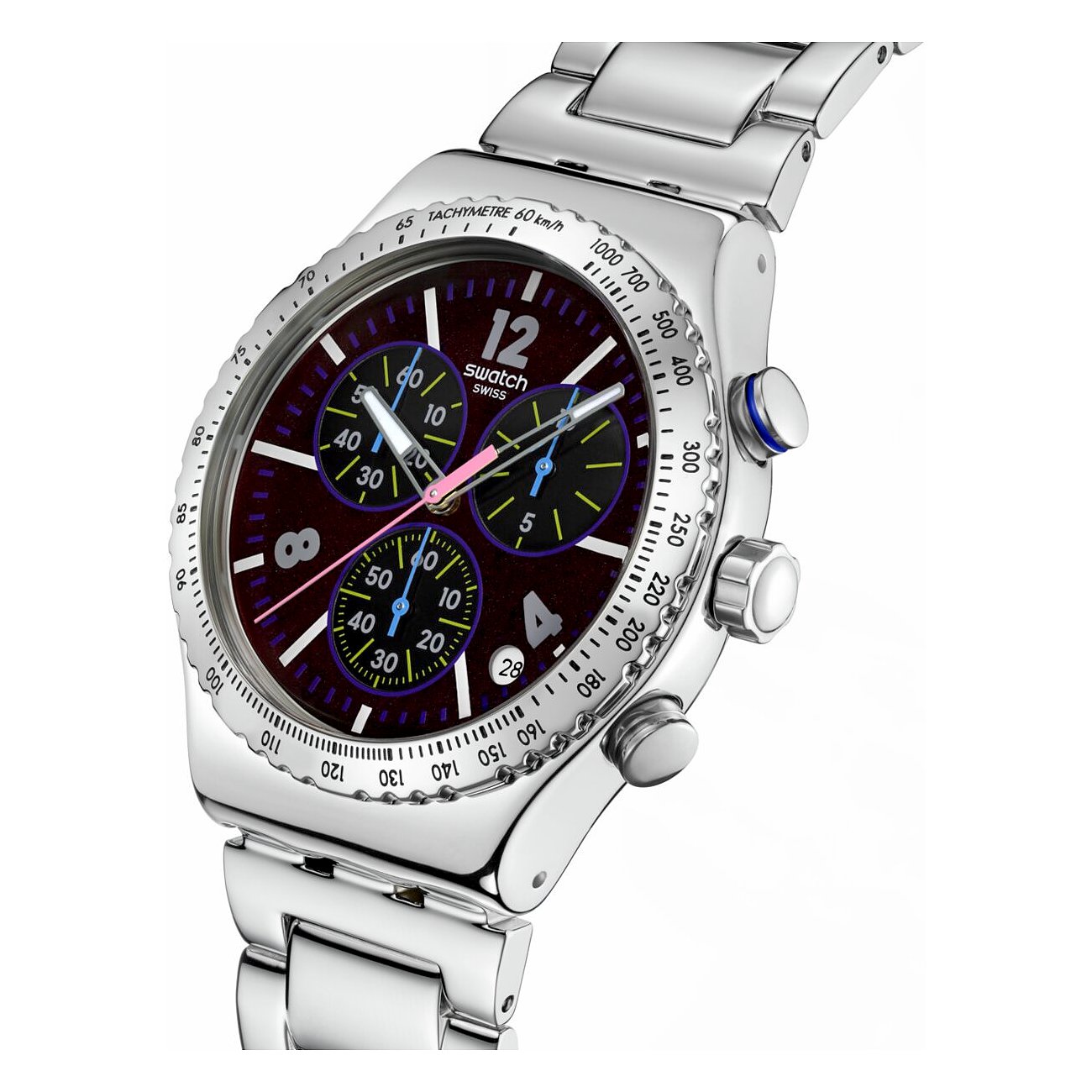 Swatch Herrenuhr aus Edelstahl mit dunklem Zifferblatt, rosa Zeigern und Chronographenfunktionen.