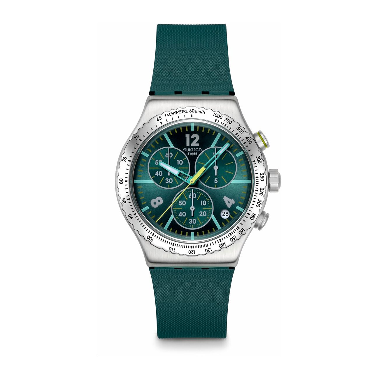 Swatch Unisexuhr aus Edelstahl mit türkisem Zifferblatt, Chronograph, grünem Armband und weißen Ziffern.