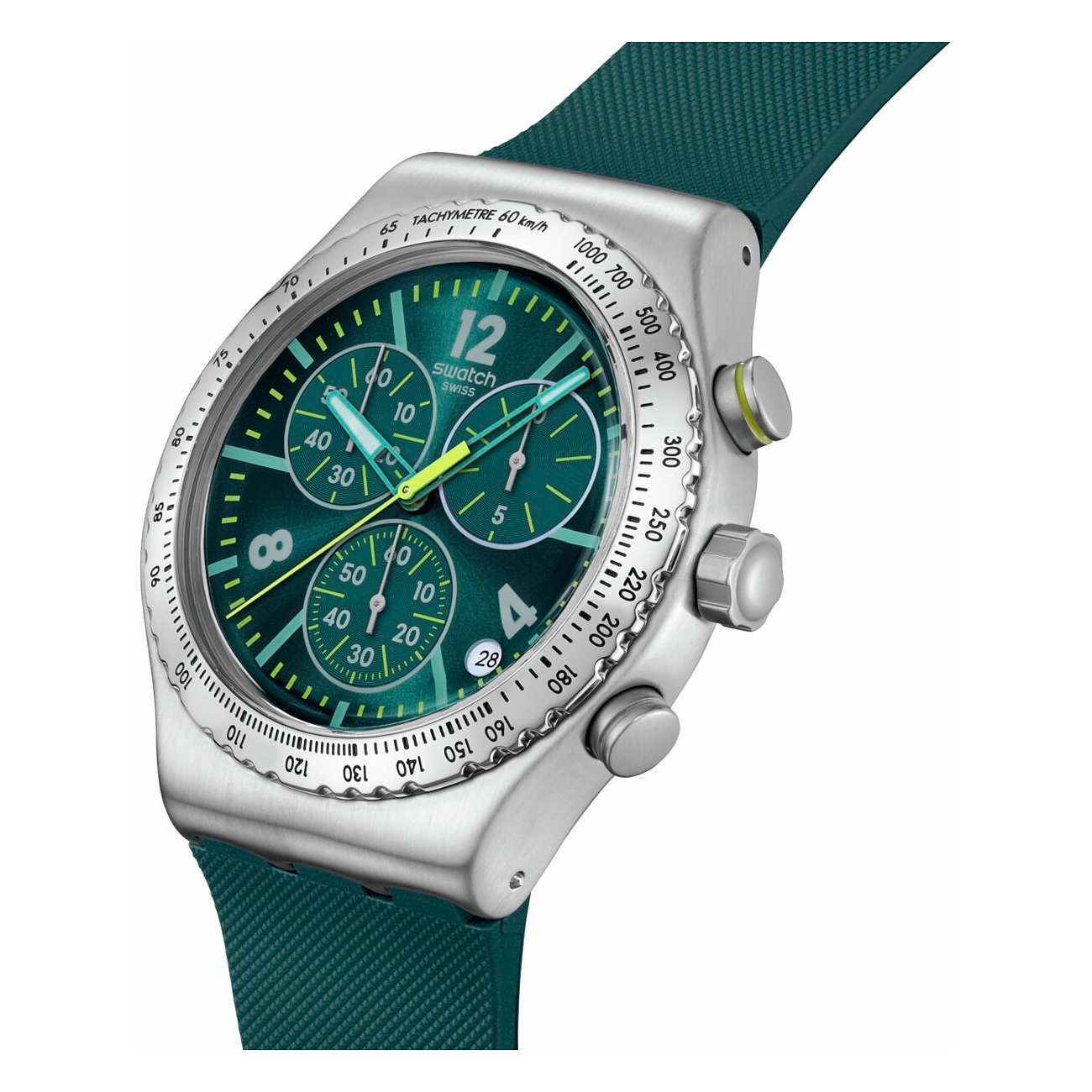 Swatch Unisexuhr aus Edelstahl mit türkisgrünem Zifferblatt und passendem Silikonarmband, von oben rechts betrachtet.