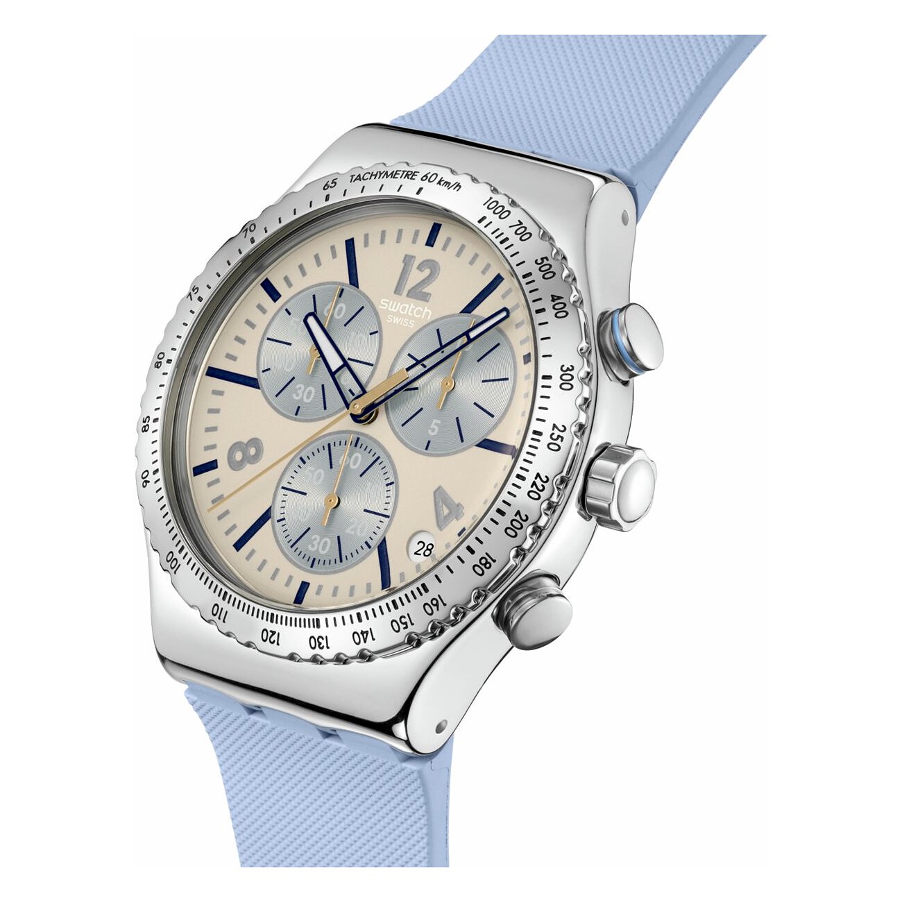 Orologio Swatch unisex in acciaio, quadrante chiaro, tre cronografi e cinturino azzurro, angolato di lato.