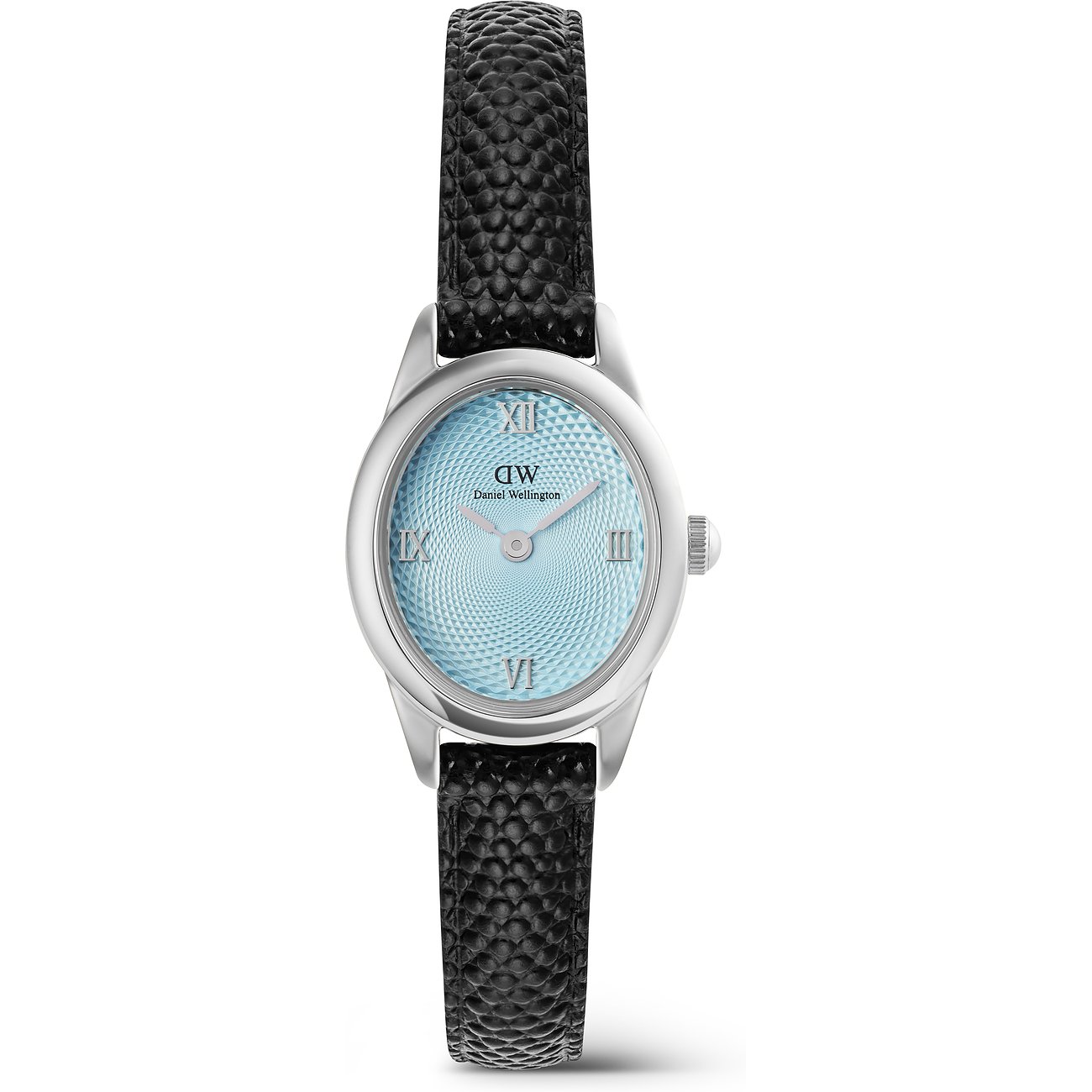 Daniel Wellington Damenuhr mit schwarzem Lederarmband und ovalem, silberfarbenem Gehäuse mit blauem Zifferblatt.