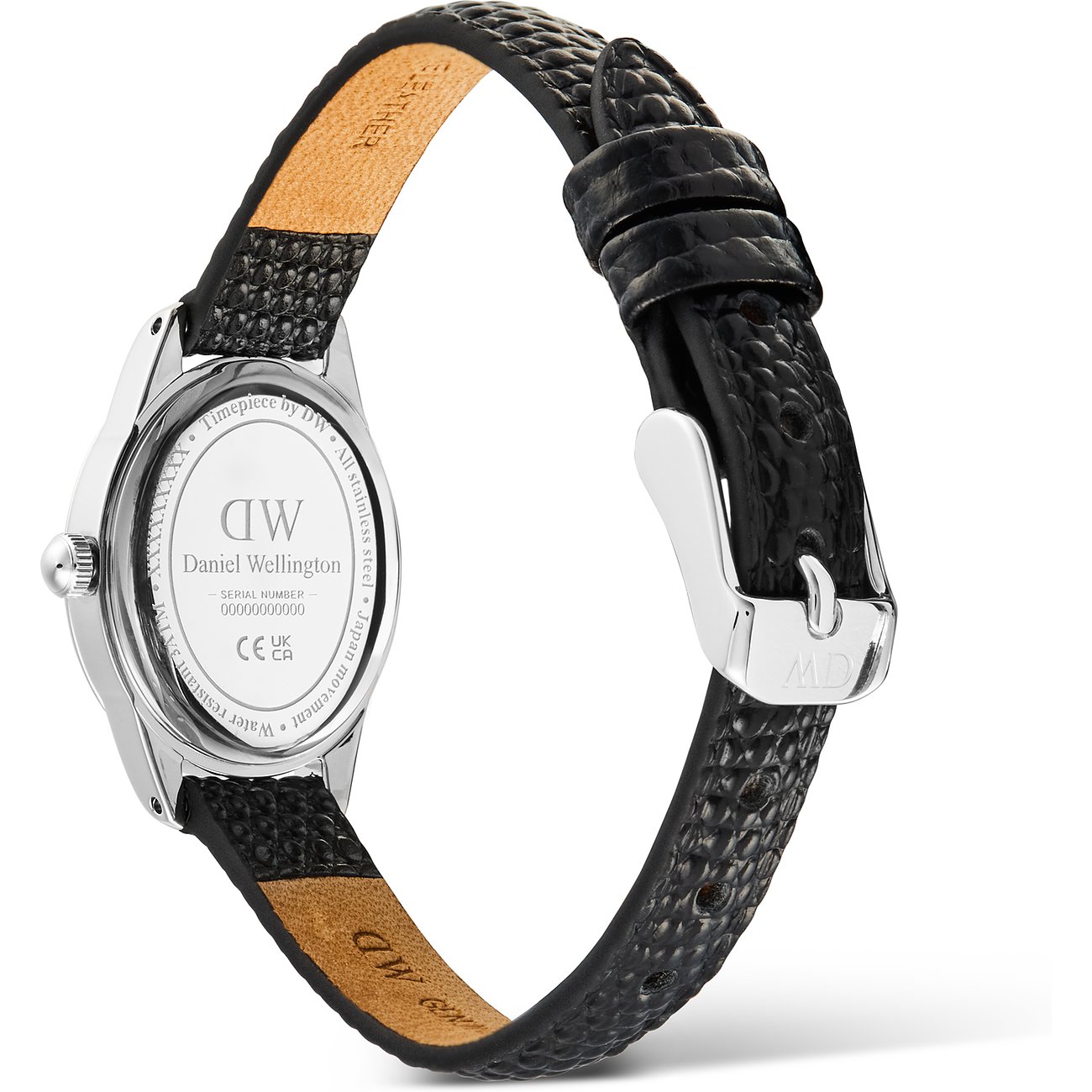 Rückansicht einer Daniel Wellington Damenuhr mit schwarzem Lederarmband und silberner Dornschließe.